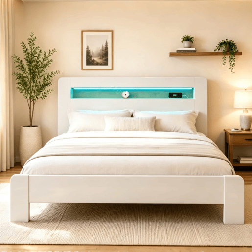 Cama de plataforma 180x200 - arrumação na cabeceira, LED, tomadas integradas - branco