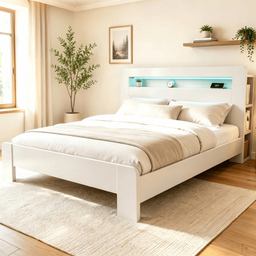 Cama de plataforma 180x200 - arrumação na cabeceira, LED, tomadas integradas - branco