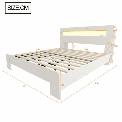 Cama de plataforma 180x200 - arrumação na cabeceira, LED, tomadas integradas - branco