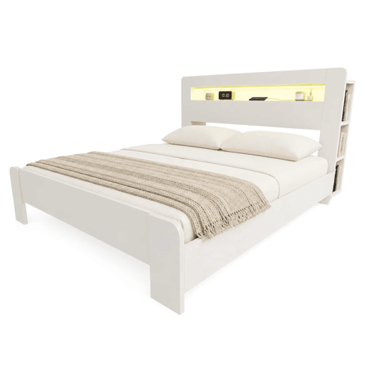 Cama de plataforma 180x200 - arrumação na cabeceira, LED, tomadas integradas - branco