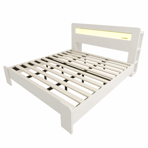 Cama de plataforma 180x200 - arrumação na cabeceira, LED, tomadas integradas - branco