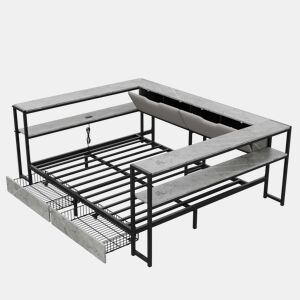 Sofá-cama estofado 140x200 - porta de carregamento USB e Type-C, 2 gavetas, base de lâminas metálicas, cama juvenildaybed - cinzento