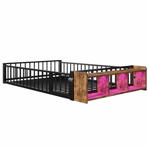 Cama baixa 140 x 200 cm - sem colchão, com grades laterais, compartimentos de arrumação, luzes LED - Preto Cama baixa 140 x 200 cm - sem colchão, com grades laterais, compartimentos de arrumação, luzes LED - Preto