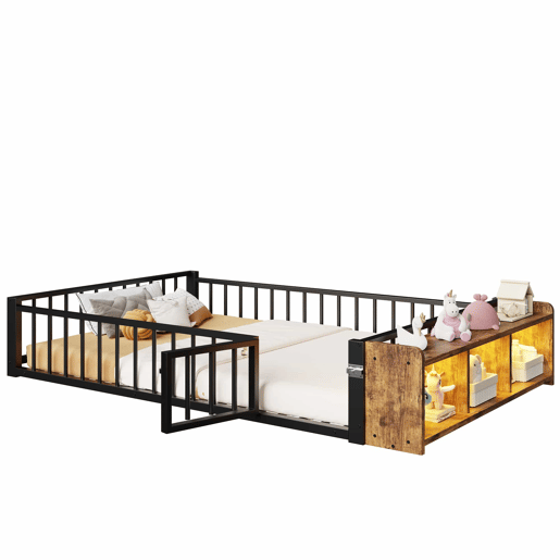 Cama baixa 140 x 200 cm - sem colchão, com grades laterais, compartimentos de arrumação, luzes LED - Preto Cama baixa 140 x 200 cm - sem colchão, com grades laterais, compartimentos de arrumação, luzes LED - Preto