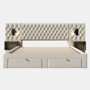 Cama de casal 180x200 cm - conjunto completo de quarto com 2 mesas de cabeceira e 4 gavetas, cabeceira com luz de leitura e porta USB - bege