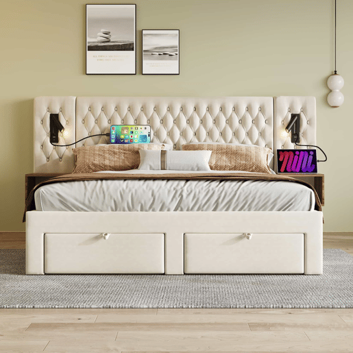 Cama de casal 180x200 cm - conjunto completo de quarto com 2 mesas de cabeceira e 4 gavetas, cabeceira com luz de leitura e porta USB - bege