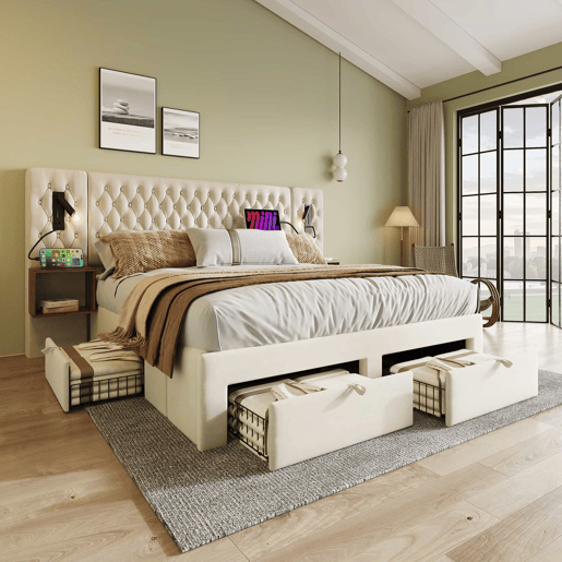 Cama de casal 180x200 cm - conjunto completo de quarto com 2 mesas de cabeceira e 4 gavetas, cabeceira com luz de leitura e porta USB - bege