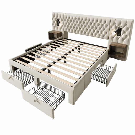 Cama de casal 180x200 cm - conjunto completo de quarto com 2 mesas de cabeceira e 4 gavetas, cabeceira com luz de leitura e porta USB - bege