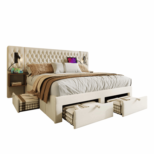 Cama de casal 180x200 cm - conjunto completo de quarto com 2 mesas de cabeceira e 4 gavetas, cabeceira com luz de leitura e porta USB - bege