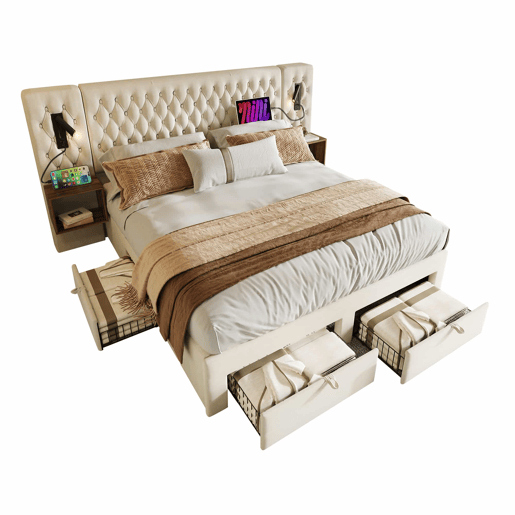 Cama de casal 180x200 cm - conjunto completo de quarto com 2 mesas de cabeceira e 4 gavetas, cabeceira com luz de leitura e porta USB - bege