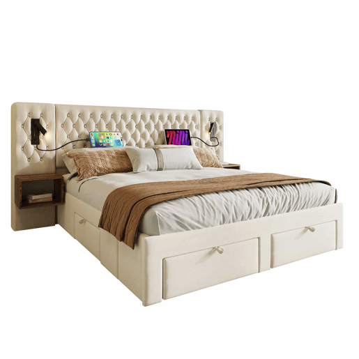 Cama de casal 180x200 cm - conjunto completo de quarto com 2 mesas de cabeceira e 4 gavetas, cabeceira com luz de leitura e porta USB - bege
