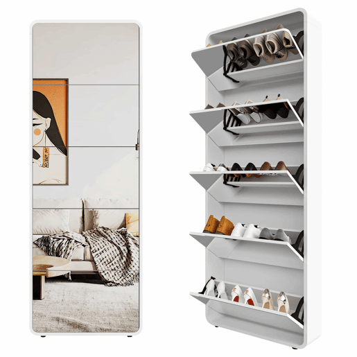 Armário para sapatos com espelho e 5 compartimentos - design curvo, organizador inclinável - branco Armário para sapatos com espelho e 5 compartimentos - design curvo, organizador inclinável - branco