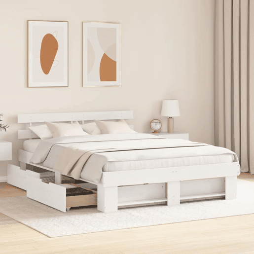 Estrutura da Cama de casal moderno para adultos com cabeceira com gaveta Branco 160 x 200 cm Estrutura da Cama de casal moderno para adultos com cabeceira com gaveta Branco 160 x 200 cm