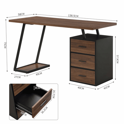 Secretária de escritório industrial de 138,5 cm u2013 com 3 gavetas u2013 castanho escuro
