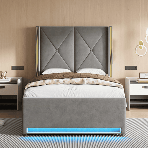 Cama em veludo 90x200 cm - Cabeceira alta, acolchoada e com costura, bolsos laterais, USB e LED, sistema hidráulico, amplo espaço de arrumação por baixo - Cinza escuro Cama em veludo 90x200 cm - Cabeceira alta, acolchoada e com costura, bolsos laterais, USB e LED, sistema hidráulico, amplo espaço de arrumação por baixo - Cinza escuro