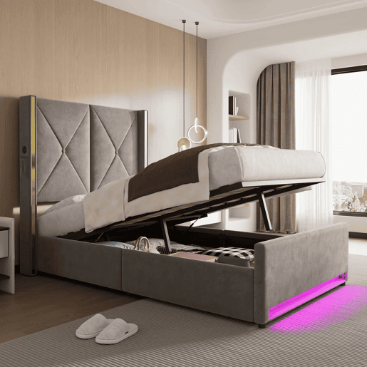 Cama em veludo 90x200 cm - Cabeceira alta, acolchoada e com costura, bolsos laterais, USB e LED, sistema hidráulico, amplo espaço de arrumação por baixo - Cinza escuro Cama em veludo 90x200 cm - Cabeceira alta, acolchoada e com costura, bolsos laterais, USB e LED, sistema hidráulico, amplo espaço de arrumação por baixo - Cinza escuro