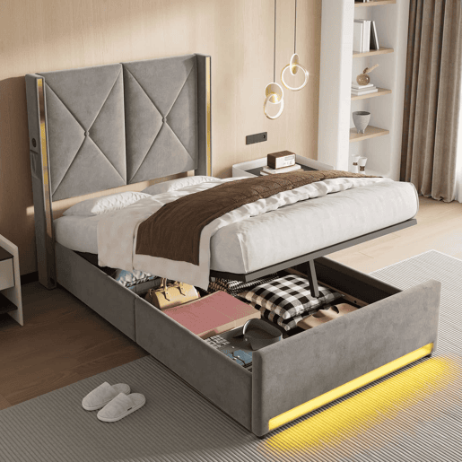 Cama em veludo 90x200 cm - Cabeceira alta, acolchoada e com costura, bolsos laterais, USB e LED, sistema hidráulico, amplo espaço de arrumação por baixo - Cinza escuro Cama em veludo 90x200 cm - Cabeceira alta, acolchoada e com costura, bolsos laterais, USB e LED, sistema hidráulico, amplo espaço de arrumação por baixo - Cinza escuro
