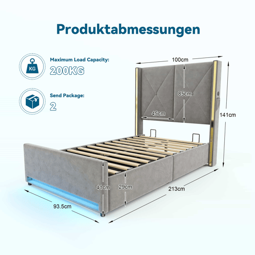 Cama em veludo 90x200 cm - Cabeceira alta, acolchoada e com costura, bolsos laterais, USB e LED, sistema hidráulico, amplo espaço de arrumação por baixo - Cinza escuro Cama em veludo 90x200 cm - Cabeceira alta, acolchoada e com costura, bolsos laterais, USB e LED, sistema hidráulico, amplo espaço de arrumação por baixo - Cinza escuro