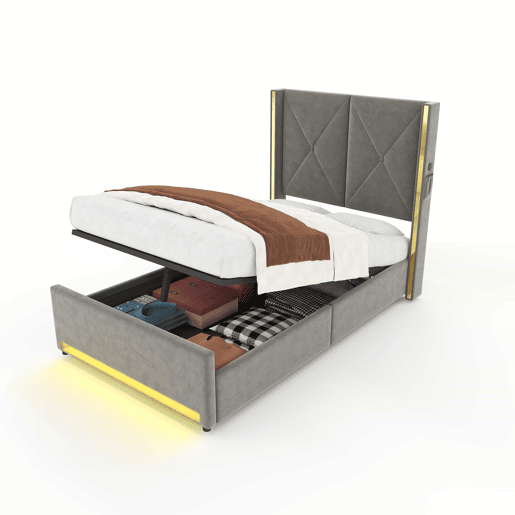 Cama em veludo 90x200 cm - Cabeceira alta, acolchoada e com costura, bolsos laterais, USB e LED, sistema hidráulico, amplo espaço de arrumação por baixo - Cinza escuro Cama em veludo 90x200 cm - Cabeceira alta, acolchoada e com costura, bolsos laterais, USB e LED, sistema hidráulico, amplo espaço de arrumação por baixo - Cinza escuro