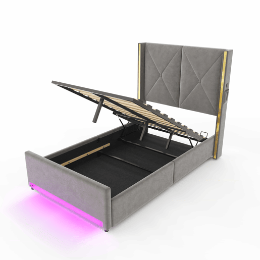 Cama em veludo 90x200 cm - Cabeceira alta, acolchoada e com costura, bolsos laterais, USB e LED, sistema hidráulico, amplo espaço de arrumação por baixo - Cinza escuro Cama em veludo 90x200 cm - Cabeceira alta, acolchoada e com costura, bolsos laterais, USB e LED, sistema hidráulico, amplo espaço de arrumação por baixo - Cinza escuro