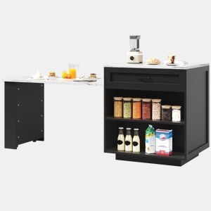 Ilha de cozinha extensível com arrumação 133-202 x 70 x 93,5 cm - 2 gavetas, 2 compartimentos, mesa de cozinha para 2 a 6 pessoas, carrinho de cozinha com prateleiras laterais - preto