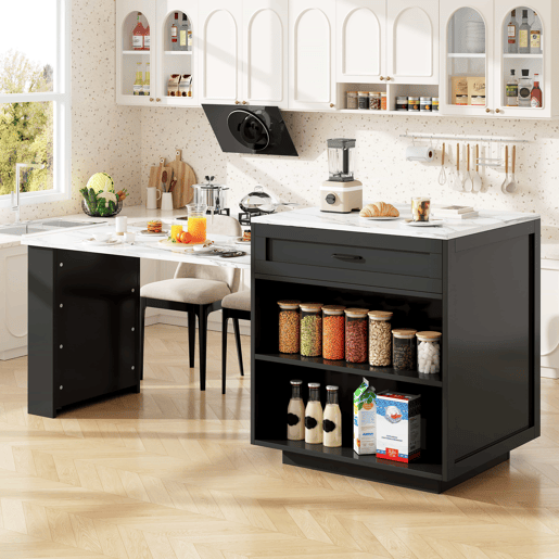 Ilha de cozinha extensível com arrumação 133-202 x 70 x 93,5 cm - 2 gavetas, 2 compartimentos, mesa de cozinha para 2 a 6 pessoas, carrinho de cozinha com prateleiras laterais - preto Ilha de cozinha extensível com arrumação 133-202 x 70 x 93,5 cm - 2 gavetas, 2 compartimentos, mesa de cozinha para 2 a 6 pessoas, carrinho de cozinha com prateleiras laterais - preto