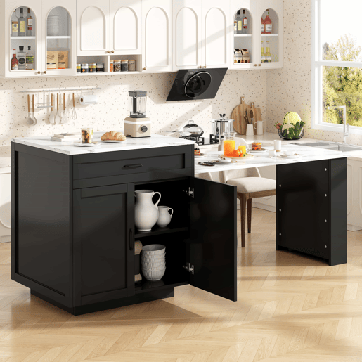 Ilha de cozinha extensível com arrumação 133-202 x 70 x 93,5 cm - 2 gavetas, 2 compartimentos, mesa de cozinha para 2 a 6 pessoas, carrinho de cozinha com prateleiras laterais - preto Ilha de cozinha extensível com arrumação 133-202 x 70 x 93,5 cm - 2 gavetas, 2 compartimentos, mesa de cozinha para 2 a 6 pessoas, carrinho de cozinha com prateleiras laterais - preto