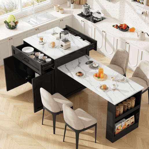 Ilha de cozinha extensível com arrumação 133-202 x 70 x 93,5 cm - 2 gavetas, 2 compartimentos, mesa de cozinha para 2 a 6 pessoas, carrinho de cozinha com prateleiras laterais - preto Ilha de cozinha extensível com arrumação 133-202 x 70 x 93,5 cm - 2 gavetas, 2 compartimentos, mesa de cozinha para 2 a 6 pessoas, carrinho de cozinha com prateleiras laterais - preto