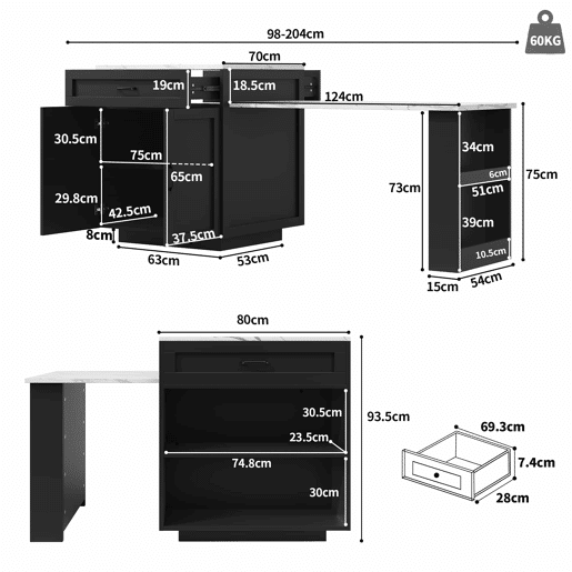 Ilha de cozinha extensível com arrumação 133-202 x 70 x 93,5 cm - 2 gavetas, 2 compartimentos, mesa de cozinha para 2 a 6 pessoas, carrinho de cozinha com prateleiras laterais - preto Ilha de cozinha extensível com arrumação 133-202 x 70 x 93,5 cm - 2 gavetas, 2 compartimentos, mesa de cozinha para 2 a 6 pessoas, carrinho de cozinha com prateleiras laterais - preto