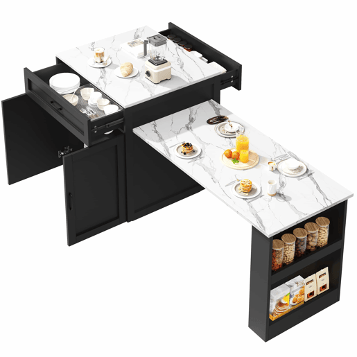 Ilha de cozinha extensível com arrumação 133-202 x 70 x 93,5 cm - 2 gavetas, 2 compartimentos, mesa de cozinha para 2 a 6 pessoas, carrinho de cozinha com prateleiras laterais - preto Ilha de cozinha extensível com arrumação 133-202 x 70 x 93,5 cm - 2 gavetas, 2 compartimentos, mesa de cozinha para 2 a 6 pessoas, carrinho de cozinha com prateleiras laterais - preto