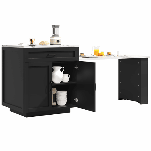 Ilha de cozinha extensível com arrumação 133-202 x 70 x 93,5 cm - 2 gavetas, 2 compartimentos, mesa de cozinha para 2 a 6 pessoas, carrinho de cozinha com prateleiras laterais - preto Ilha de cozinha extensível com arrumação 133-202 x 70 x 93,5 cm - 2 gavetas, 2 compartimentos, mesa de cozinha para 2 a 6 pessoas, carrinho de cozinha com prateleiras laterais - preto