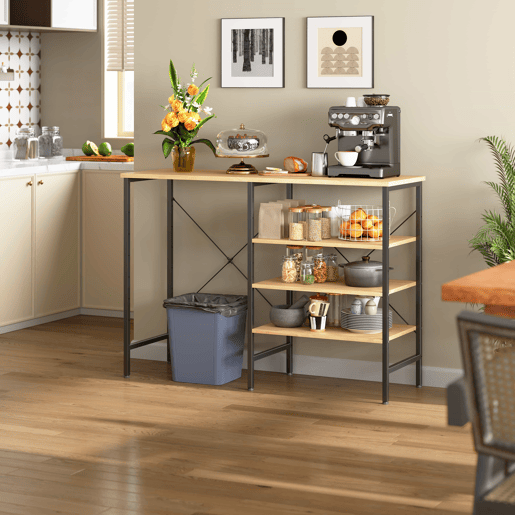 Mesa multifuncional 120 x 40 x 85,5 cm - estrutura metálica preta com tampo com efeito de madeira, design modular flexível para cozinha, sala de estar, cave e garagem - Preto + Natural Mesa multifuncional 120 x 40 x 85,5 cm - estrutura metálica preta com tampo com efeito de madeira, design modular flexível para cozinha, sala de estar, cave e garagem - Preto + Natural