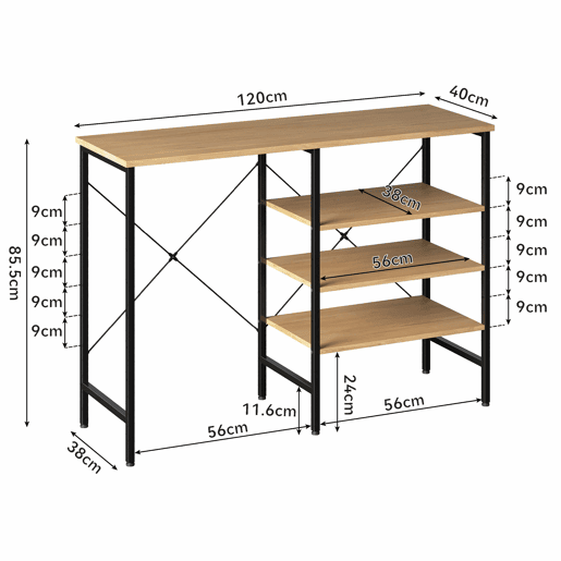 Mesa multifuncional 120 x 40 x 85,5 cm - estrutura metálica preta com tampo com efeito de madeira, design modular flexível para cozinha, sala de estar, cave e garagem - Preto + Natural Mesa multifuncional 120 x 40 x 85,5 cm - estrutura metálica preta com tampo com efeito de madeira, design modular flexível para cozinha, sala de estar, cave e garagem - Preto + Natural