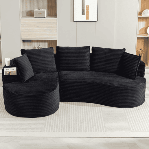 Sofá Curvo de 3 lugares em veludo - Com porta-copos, bolso lateral, almofadas incluídas e espuma de alta densidade para o máximo conforto - Preto