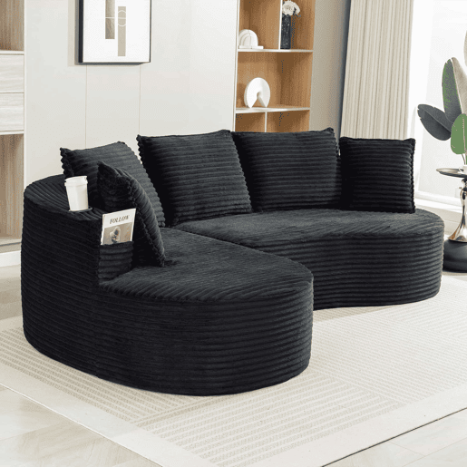 Sofá Curvo de 3 lugares em veludo - Com porta-copos, bolso lateral, almofadas incluídas e espuma de alta densidade para o máximo conforto - Preto