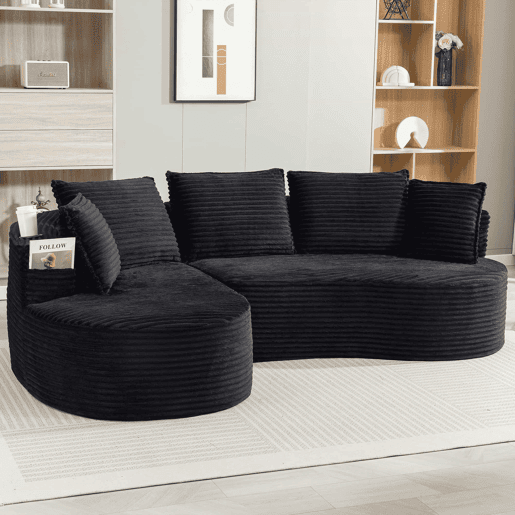 Sofá Curvo de 3 lugares em veludo - Com porta-copos, bolso lateral, almofadas incluídas e espuma de alta densidade para o máximo conforto - Preto