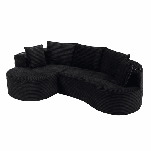 Sofá Curvo de 3 lugares em veludo - Com porta-copos, bolso lateral, almofadas incluídas e espuma de alta densidade para o máximo conforto - Preto