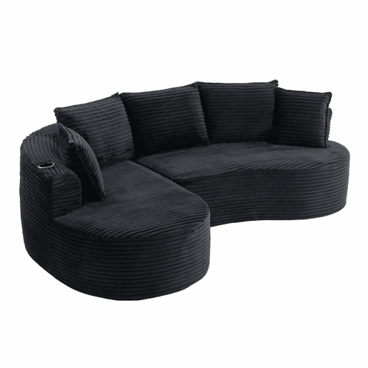 Sofá Curvo de 3 lugares em veludo - Com porta-copos, bolso lateral, almofadas incluídas e espuma de alta densidade para o máximo conforto - Preto
