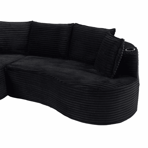Sofá Curvo de 3 lugares em veludo - Com porta-copos, bolso lateral, almofadas incluídas e espuma de alta densidade para o máximo conforto - Preto