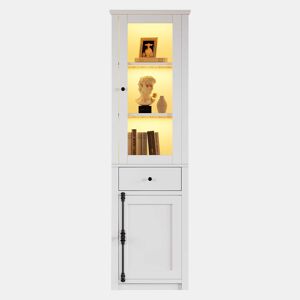 Armário vitrina alto 55×40×200 cm - com 1 gaveta, 2 portas, vitrina de vidro com iluminação LED, puxadores em metal e liga de alumínio - branco