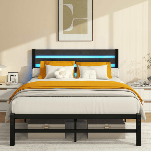 Cama metálica 140x200 cm - com cabeceira, LED, porta-carregador USB, estrutura resistente, espaço de arrumação na parte inferior, sem colchão, silenciosa, fácil de montar - preta Cama metálica 140x200 cm - com cabeceira, LED, porta-carregador USB, estrutura resistente, espaço de arrumação na parte inferior, sem colchão, silenciosa, fácil de montar - preta