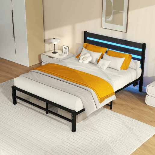 Cama metálica 140x200 cm - com cabeceira, LED, porta-carregador USB, estrutura resistente, espaço de arrumação na parte inferior, sem colchão, silenciosa, fácil de montar - preta Cama metálica 140x200 cm - com cabeceira, LED, porta-carregador USB, estrutura resistente, espaço de arrumação na parte inferior, sem colchão, silenciosa, fácil de montar - preta