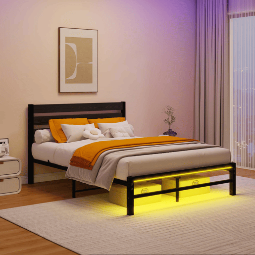 Cama metálica 140x200 cm - com cabeceira, LED, porta-carregador USB, estrutura resistente, espaço de arrumação na parte inferior, sem colchão, silenciosa, fácil de montar - preta Cama metálica 140x200 cm - com cabeceira, LED, porta-carregador USB, estrutura resistente, espaço de arrumação na parte inferior, sem colchão, silenciosa, fácil de montar - preta