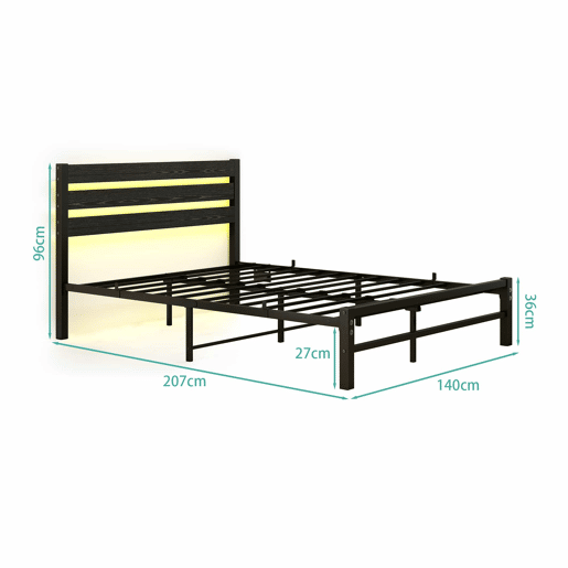 Cama metálica 140x200 cm - com cabeceira, LED, porta-carregador USB, estrutura resistente, espaço de arrumação na parte inferior, sem colchão, silenciosa, fácil de montar - preta Cama metálica 140x200 cm - com cabeceira, LED, porta-carregador USB, estrutura resistente, espaço de arrumação na parte inferior, sem colchão, silenciosa, fácil de montar - preta