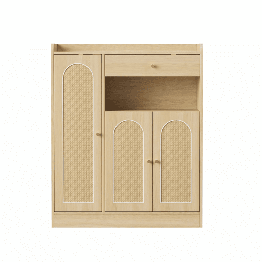 Armário de vime 90x35x110 cm - 1 gaveta, 3 portas com prateleiras ajustáveis, armário de arrumação para a entrada, sala de jantar e corredor - cor de madeira natural Armário de vime 90x35x110 cm - 1 gaveta, 3 portas com prateleiras ajustáveis, armário de arrumação para a entrada, sala de jantar e corredor - cor de madeira natural