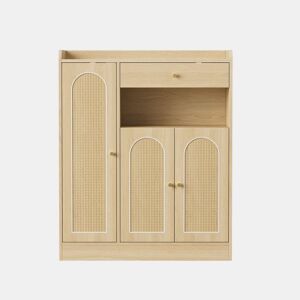 Armário de vime 90x35x110 cm - 1 gaveta, 3 portas com prateleiras ajustáveis, armário de arrumação para a entrada, sala de jantar e corredor - cor de madeira natural