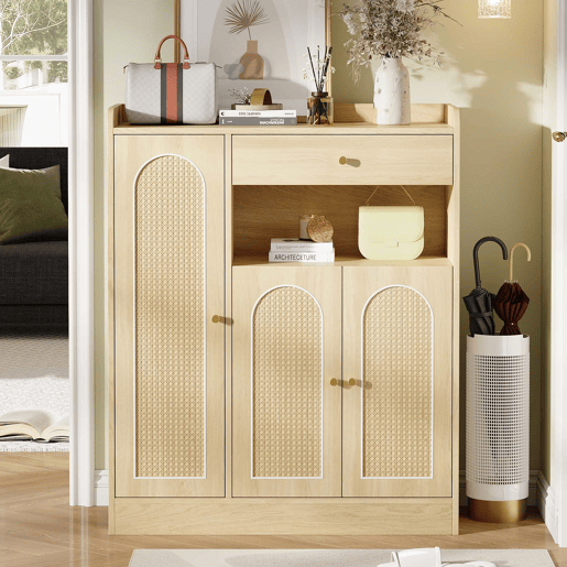 Armário de vime 90x35x110 cm - 1 gaveta, 3 portas com prateleiras ajustáveis, armário de arrumação para a entrada, sala de jantar e corredor - cor de madeira natural Armário de vime 90x35x110 cm - 1 gaveta, 3 portas com prateleiras ajustáveis, armário de arrumação para a entrada, sala de jantar e corredor - cor de madeira natural