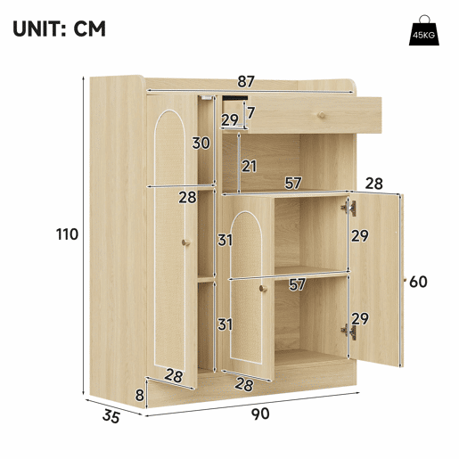 Armário de vime 90x35x110 cm - 1 gaveta, 3 portas com prateleiras ajustáveis, armário de arrumação para a entrada, sala de jantar e corredor - cor de madeira natural Armário de vime 90x35x110 cm - 1 gaveta, 3 portas com prateleiras ajustáveis, armário de arrumação para a entrada, sala de jantar e corredor - cor de madeira natural