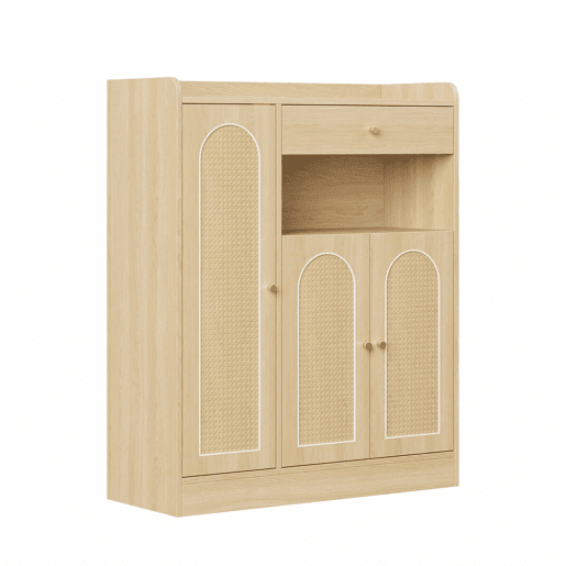 Armário de vime 90x35x110 cm - 1 gaveta, 3 portas com prateleiras ajustáveis, armário de arrumação para a entrada, sala de jantar e corredor - cor de madeira natural Armário de vime 90x35x110 cm - 1 gaveta, 3 portas com prateleiras ajustáveis, armário de arrumação para a entrada, sala de jantar e corredor - cor de madeira natural