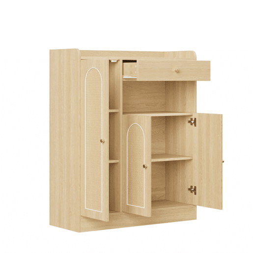 Armário de vime 90x35x110 cm - 1 gaveta, 3 portas com prateleiras ajustáveis, armário de arrumação para a entrada, sala de jantar e corredor - cor de madeira natural Armário de vime 90x35x110 cm - 1 gaveta, 3 portas com prateleiras ajustáveis, armário de arrumação para a entrada, sala de jantar e corredor - cor de madeira natural